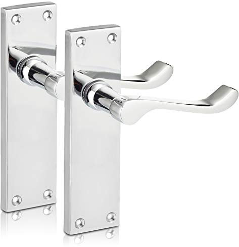 poignées de portePoignées de porte plates en chrome poli avec loquet à levier victorien, longue plaque arrière de 6, ensemble de poignées de porte élégantes for portes en bois, design droit classique