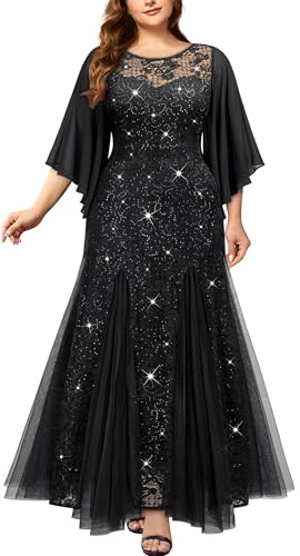 MISSMAY Women's Plus Size Elegant Butterfly Sleeve Chiffon Floral Sequin Lace Contrast Mesh Mermaid Hem Evening Party Long Dress (4XL, Black)