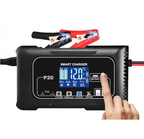 Intelligentes 12V/24V 20A Batterieladegerät & Erhaltungsladegerät mit Pulsreparatur – 4-Modus-Ladegerät für LiFePO4/AGM/Blei-Säure-Batterien für PKW, Motorrad, Boot, Rasenmäher (Winter/Sommer)