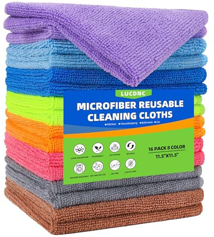 lucdnc Microfiber Cleaning Cloths 16 Pack 8 Color Cleaning Rags for Housekeeping Home Kitchen Bathroom Car,11.5X11.5 Soft Lint Free Wet and Dry Use Dusting Cleaning Supplies Towels