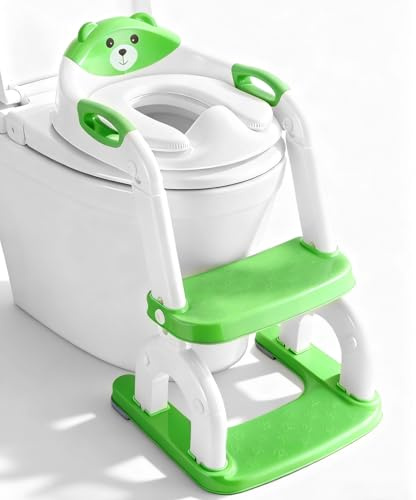 2-in-1 Toilettensitz Kinder mit Treppe, Upgraded WC Aufsatz für Kinder für Jungen und Mädchen, Toilettentrainer mit Treppe, Höhenverstellbar Bequemer Sicherer Toilettensitze (Grün Drei Treppe)