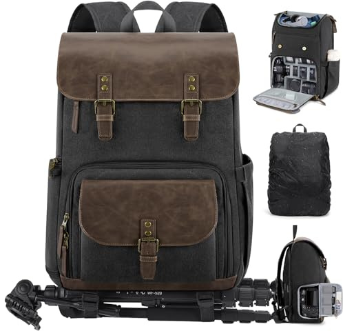 RAINSMORE Camera Bag Professional for DSLR/SLR Mirrorless Waterproof 15.6 Inch Laptop Photography Backpack with Side Access Rain Cover Tripod Holder Large Anti-Theft Camera Backpacks for Photographers