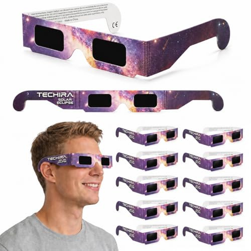 TECHIRA Gafas Eclipse Solar Homologadas ISO 12312-2 CE, Pack de 12 para Eclipse Solar 2026, Protección Ocular Segura, Ver Eclipse Total 12 Agosto España, Adultos y Niños (Morado)