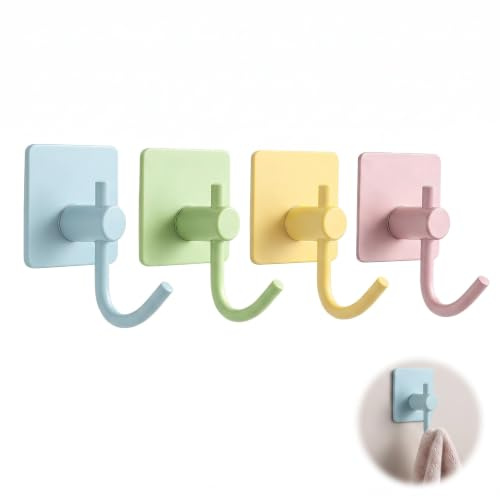 Crochet Adhésif Mural (Lot de 4), Crochets Muraux Sans Percer en Forme de J pour Salle de Bain et Cuisine, Patère Murale Colorée pour Serviettes, Vêtements et Chapeaux, Design Moderne