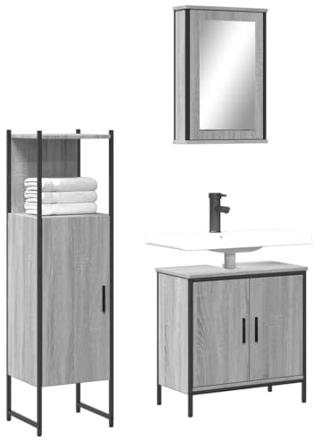 Traylux 3-delat badrumsmöbelset grå Sonoma-trämaterial med tvättställ, spegelskåp och högskåp för effektiv förvaring och snygg design i badrummet
