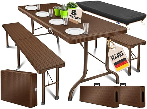 KESSER® Ensemble de Tente à bière, Set de 3 pièces : Table + 2 bancs, pour l'intérieur et l'extérieur, Pliable, avec poignées de Transport, Plastique, Aspect rotin | Meubles de Jardin, Marron