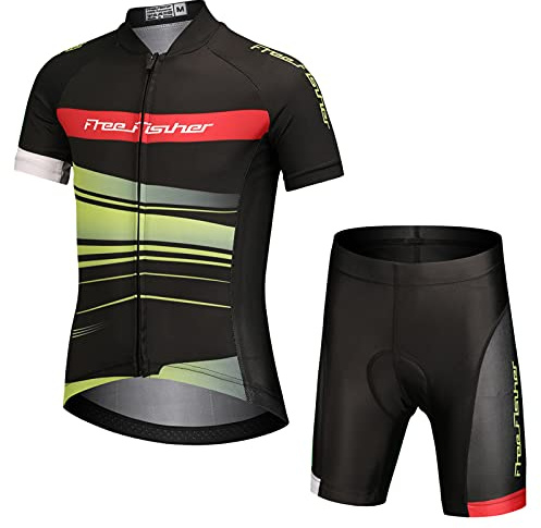 L PATTERN Kinder Radsport Bekleidung Jungen Fahrrad Trikot Set Mädchen Radtrikot Radhose mit Sitzpolster Atmungsaktiv Anzug Shirt Kurzarm+Kurz Fahrradhose, Schwarz+Grün+Rot, 170