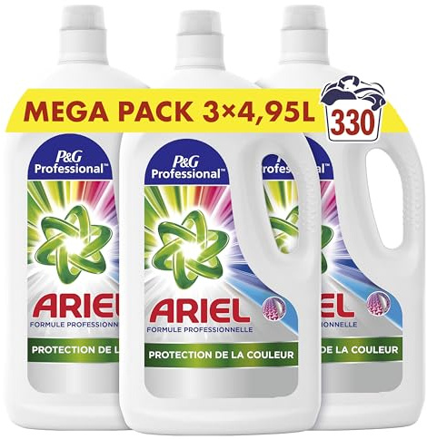 Ariel Professional Lessive Liquide, 330 Lavages (3 x 4.95L), Élimine Les Taches Incrustées, Lavage Professionnel dès le 1er Lavage, Nettoyage Impeccable Et Protection De La Couleur, Fabriqué En France