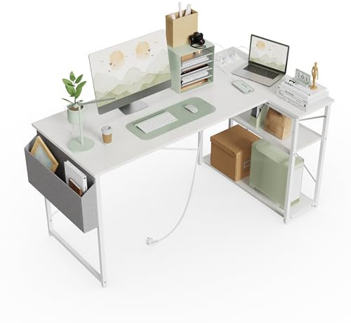 BEXEVUE Small L Shaped Desk with Power Outlets - 100x70cm Corner Computer Desk Writing Table, Reversible Large Storage Shelves, Bookshelf Workstation for Study Play Work Bedroom Home Office White