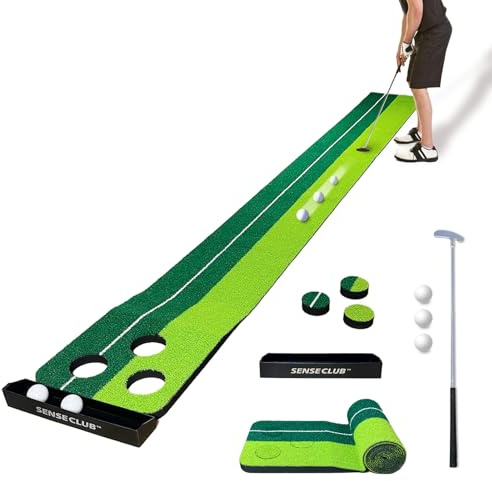 SENSECLUB Tapis de putting vert d'intérieur pliable à 3 trous, cadeau de golf pour homme – 3 x 2,4 m avec putter et balles
