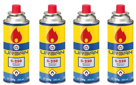 DISPAU Pack de Cartuchos de Gas Butano 220g, 100% Butano Puro, para Hornillos, Quemadores y Cocinas Portátiles, con Válvula de Seguridad (4 BOMBONAS)