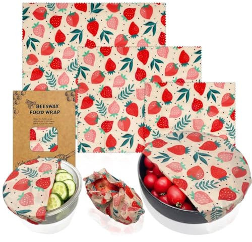 Wudaizhi 3 Unids/Set Dibujo De Fresa Envoltura De Cera De Abejas Envolturas De Alimentos Reutilizables Paño De Mantenimiento Fresco De Alimentos Papel De Embalaje De Alimentos De Cocina Ecológico