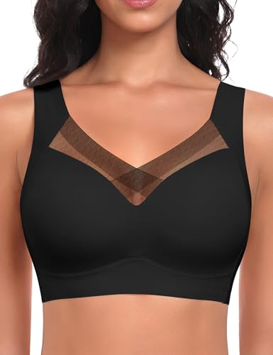 Ganado Soutien Gorge sans Armature Dentelle Push up Sport Bralette Femme Col en V Brassière sans Coutures Brassiere Comfit, Noir, M