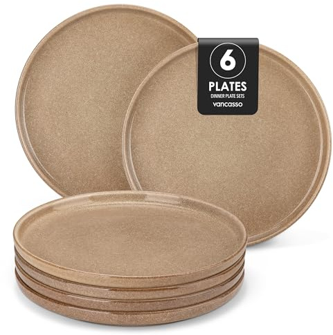 vancasso ANYA middagstallrikar set med 6, reaktiv glasyr 26 cm salladstallrikar set för vardagsmiddag, keramisk servis perfekt för efterrätt, pasta, sallad, diskmaskin och mikrovågsugn, karamell
