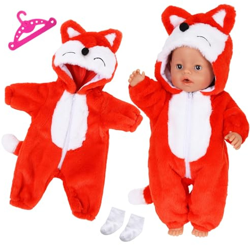 Puppenkleidung für 14-16 Inch Baby Puppen, Fuchs Plüsch Strampelanzug mit Ohren Schwanz Mütze, Socken Kleiderbügel, Puppenkleidung für 43 cm Puppen Mädchen Winter Geburtstagsgeschenk(Keine Puppe)