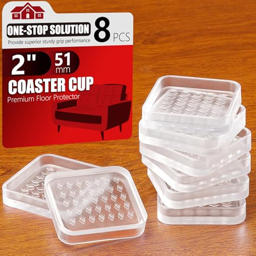 Non Slip Furniture Pad for Hardwood Floor, 8 Pcs 2 Clear Furniture Coaster Cup, Odorless & No-Stain Anti Slip Rubber Grippers | Heavy Duty Floor Protectors for Bed, Couch, Anti Skid Rubber Feet