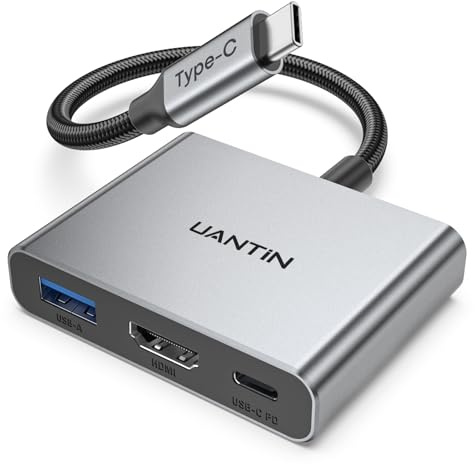 UANTIN USB C to HDMI Adapter, 4K USB Type C Dongle with 100W PD, USB 3.0 Port, USBC to HDMI Multiport Digital AV Converter for MacBook Pro/Air, iPad Pro, S24, TV, Projector, Monitor (Gray)