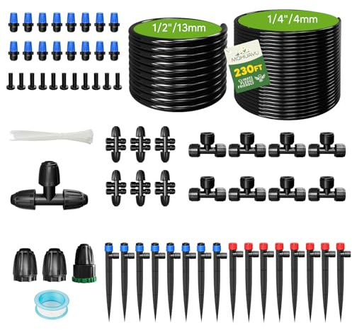 MQHUAYU 196FT+33FT Quick-Connect Drip Irrigation System Kit, Automatic Garden Watering System with Adjustable Nozzles & Sprinklers,1/2 & 1/4 Fast-Lock Tubing, for Greenhouse, Lawn, Potted Plants