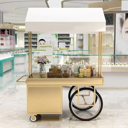 HARELA Carrito de Comida Callejero, Genérico Puesto De Mercado con Toldo, Carro de Venta Ambulante para Perritos Calientes/Salchichas/Pan, para Venta De Alimentos(Gold,120cm/47.2in)