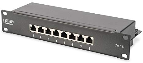 DIGITUS Cat-6 Patch Panel - 8 puertos - Tomas RJ45 - Montaje en rack de 10 pulgadas 1U - Panel de distribución LSA - Blindado - Negro
