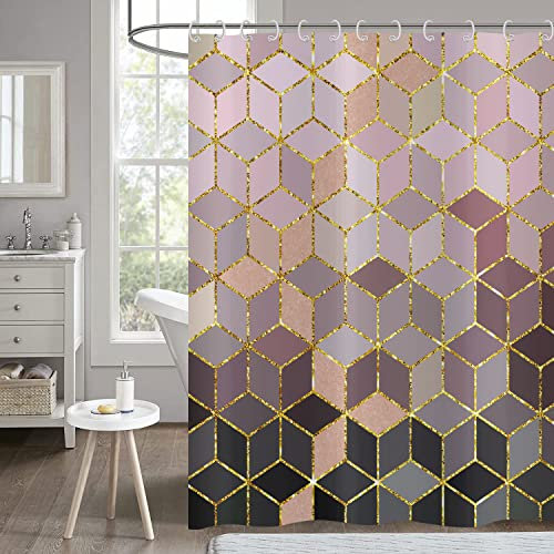 Hnmdmyi Duschvorhang Marmor Optik 180x200, Rosa Grau Ombre Duschvorhänge Gitter Geometrisch Glitzer Abstrakt Modern Luxus Kunst Badewanne Vorhang Wasserdicht Polyester Stoff Waschbar Badevorhang