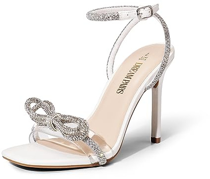 DREAM PAIRS Sandali da donna con doppio fiocco di cristallo trasparente con tacco slingback punta quadrata scarpe per feste di nozze, bianco, 39 EU