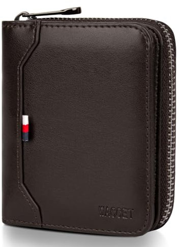 WACCET Cartera de Cuero Genuino, Cartera Pequeñas con RFID Protección, 17 Ranuras para Tarjetas, Gran Capacidad Billetera Hombre Monedero con Cremallera (Marrón)