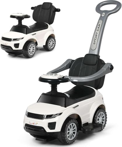 GYMAX 3 in 1 Kids Ride on Push Car, Push Along Car with Handle, Guardrails, Lights, Horn & Music, Underneath Storage, Toddler Sliding Toy for 1-3 Years Old Boys Girls (White)