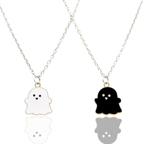 WKRTDY Freundschaftsketten für 2, Damen Halsketten Set in Silber mit Schwarz-Weiß Geistern und Herz-Anhängern, personalisiertes Geschenk für Freundin, lang genug für stilvolle Frauen,2 Stück