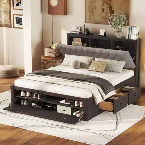 RuiSiSi Queen Size Platform Bed with Drawers, Wooden Bed Frame with Storage Headboard and Shoe Rack, No Box Spring Needed, Espresso