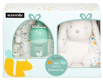 Suavinex, Geschenkkorb für Babys, enthält Baby Cologne Memories 100 ml + Reiseformat 50 + Plüschtier für Babys, alkoholarm, hinterlässt keine Flecken auf der Kleidung, Neugeborenes