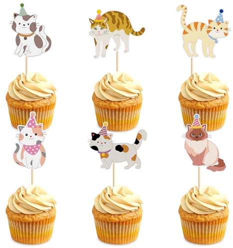 36 Stück Cartoon Katze Cupcake Topper Kitty Torten Topper Katze Geburtstags Kuchen Dekorationen für Haustier Kazte Geburtstagskuchen Dekorationen Kitty Party Dekorationen