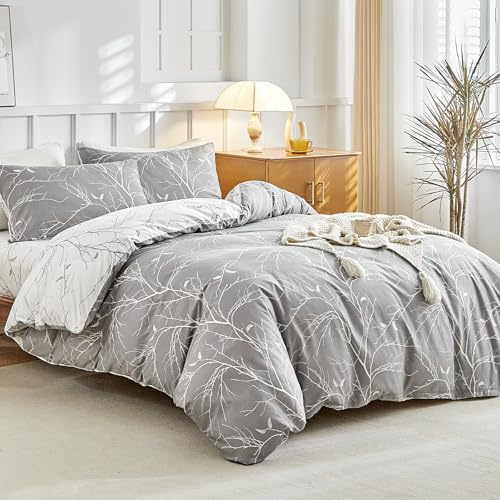 Tokokimo Parure de Lit 4 Pièces Housse de Couette 240x260cm + Drap Housse 160x200cm avec 2 Taies d'oreillers 65x65cm en Microfibre, Motifs de Branches et de Feuilles, Gris Blanc