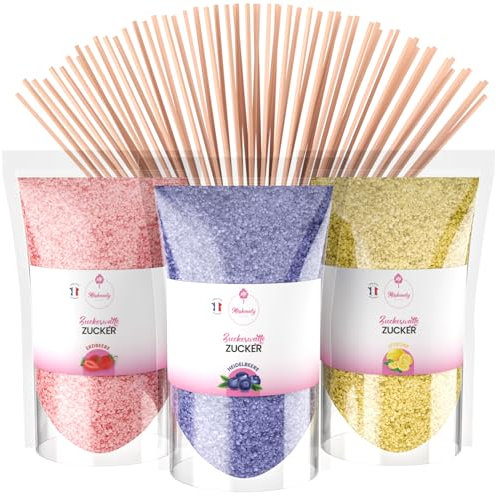 Misskandy®-Sucre Barbe à Papa pour machine- Arômes Naturels - Lot de 3 * 160GR (Fraise- Myrtille -Citron) / poudre barbapapa+ 20 Bâtonnets (offerts) - MADE IN FRANCE