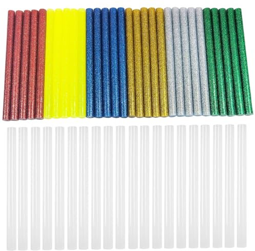 FZGUSYAF Lot de 50 bâtons de colle chaude 7 x 100 mm, 20 transparents et 30 couleurs pailletées pour pistolet à colle chaude de 7 mm – 7 couleurs populaires