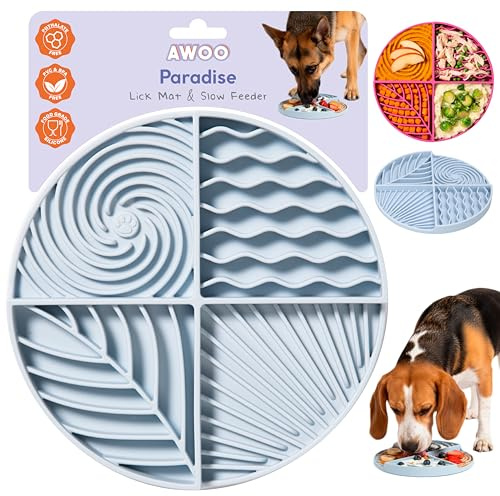 Awoo Paradise - Silicone Dog and Puppy Lick Mat and Slow Feeder with Suction Cups - Non-Slip, Dishwasher Safe Pet Dish - Extends Mealtime for Fast Eaters - for Wet & Dry Food (Sky)