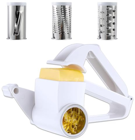 Handheld Rotary Cheese Grater for Cheese, Small Kitchen Graters with 3 Stainless Steel Drum Blades for Cheese, Chocolate, Vegetables, Nuts, Dishwasher Safe, Easy to Clean and Assemble, White