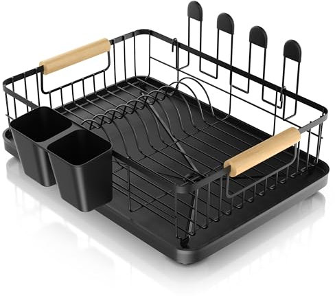 Arendo - Abtropfgestell Geschirr - Geschirrständer für die Küchentheke – Holzgriffe - 4 x Glashalter mit Silikonkappen – Besteckständer - Abtropfschale schwarz