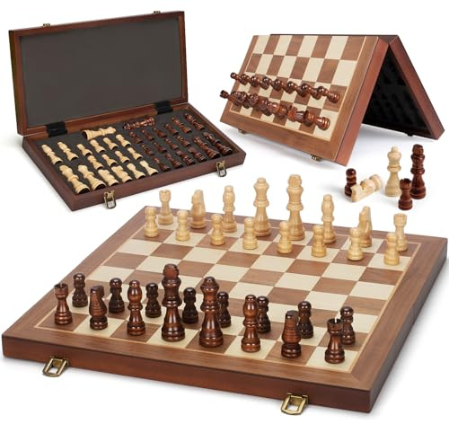 Magnetic Wooden Chess Set, 15 Folding Chess Board with 2 Extra Queens, Portable Travel Chess Set with Pieces Storage Slots, Beginner Chess Board Game for Adults & Kids