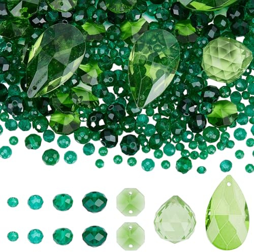 SUNNYCLUE 522 st kristallprismor solfångare, regnbågsskapare, stora tårdropp rondeller oktogonala charmar, gröna glaspärlor, hängande prydnader för hemrum, inomhusfönster, lampdekoration