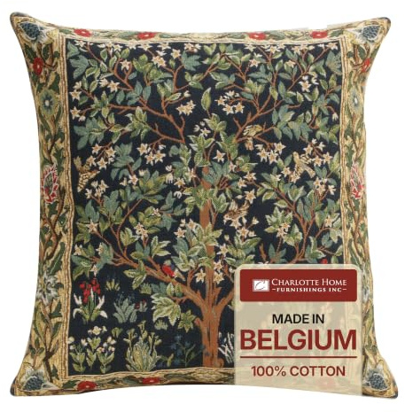 Charlotte Home Furnishings Decorative Tapestry Throw Pillow Covers 18x18 - Blue Tree of Life Floral Cushion Case - 100% Cotton Jacquard Woven Fabric - Boho Couch Accent & Elegant Home Decor
