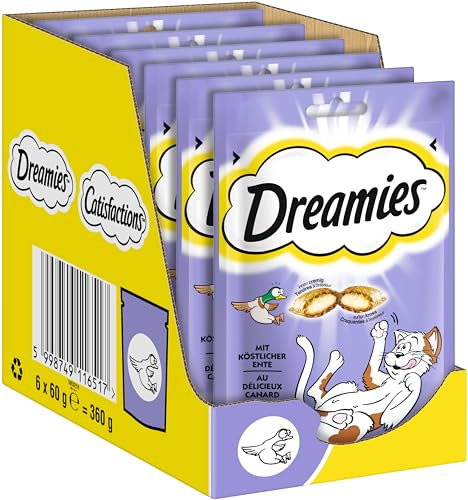 DREAMIES Katzensnacks - 6x60g - mit Ente - Traumhaft knusprige Katzen Leckerlies mit zarter Füllung