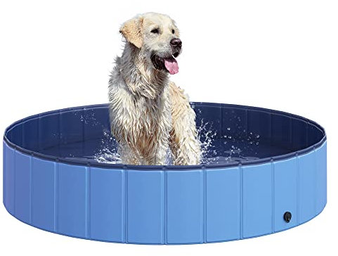 PawHut Hundepool Planschbecken Schwimmbecken Schwimmbad Hundebad, PVC+Holz Blau Φ140x30cm