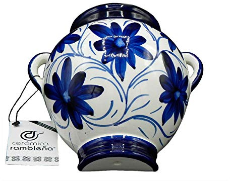 CERÁMICA RAMBLEÑA | Maceta Colgante orza | Maceta de Barro para Colgar | Maceta Pared | Azul y Blanco | 100% Decorada a Mano | 20x20x14 cm