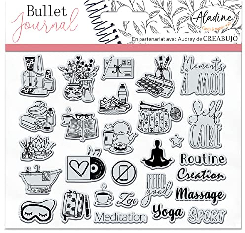 Aladine - Stampo Bullet Clear SELF CARE - Tabla de sellos de espuma, Huella Silicona - Ideal para Bullet Journal, Scrapbooking, Cuadernos - Loisirs Créatifs DIY
