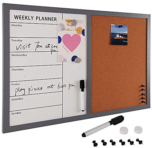 Bakaji Lavagna Magnetica con Bacheca Memo in Sughero Combinata 60 x 40 cm Cornice in Legno con Set Gessetti 2 Magneti e 6 Puntine Design Moderno Lavagnetta Casa Cucina Ufficio (Bianco)