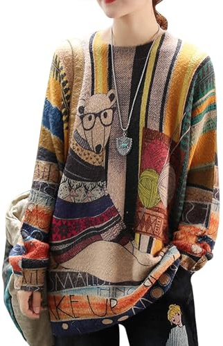 YESNO Women Long Sleeve Jumpers Oversized Graphic Knitted Sweater Crew Neck Loose Vintage Pullover Sweater Tops M S01UK CR31