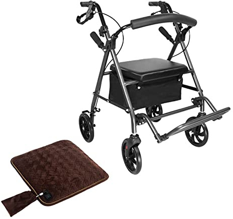Silla de transporte con ruedas de 8 pulgadas - Andador plegable con cojines calefactados por USB, asiento y respaldo acolchados, capacidad de peso de 330 libras