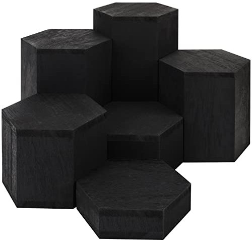 BELLE VOUS 6er Pack Schwarzer Sechseck Dekosäule Holz Podest Holz Displays - Vintage Deko Holzklotz für Regale & Arbeitsplatten - Sockel für Skulpturen, Schmuck, Figuren, Cupcakes & Desserts