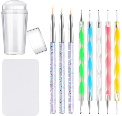Kalolary Klar Nail Art Stamper, Nagelkunst Stempel mit Schaben, 3 Stücke Nail Art Liner Pinsel Pinsel für Gelnägel, 5 Stücke Nail Dotting Pen Double Ended Nail Liner Pen, French Smile Line Werkzeuge